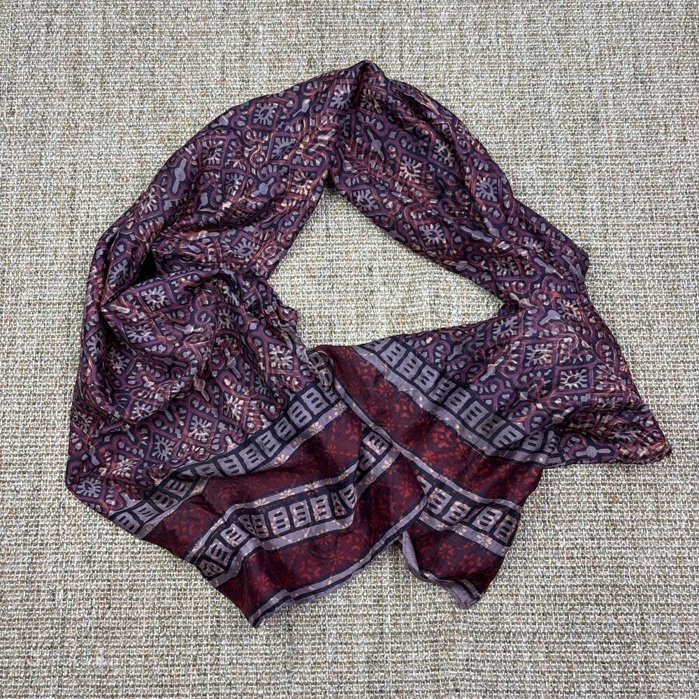 🧣 Silk Scarf | Oblong | Burgundy Plum Ethnic Medallion Print